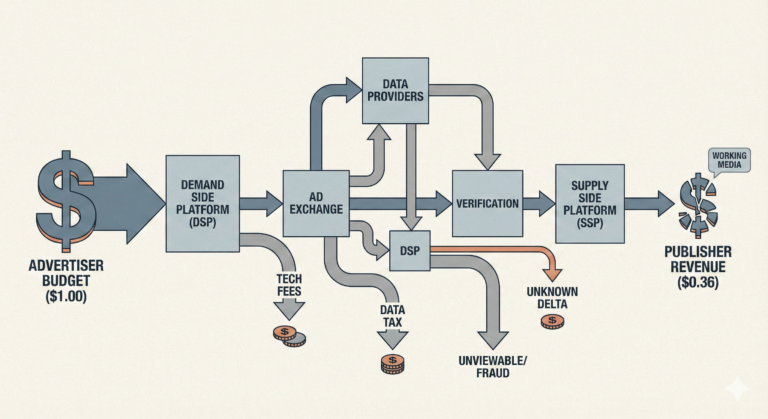 Infographic visualizing the supply chain waste in open web display advertising, illustrating how $1.00 of advertiser budget is reduced to $0.36 of publisher revenue due to intermediary fees, data taxes, and fraud.