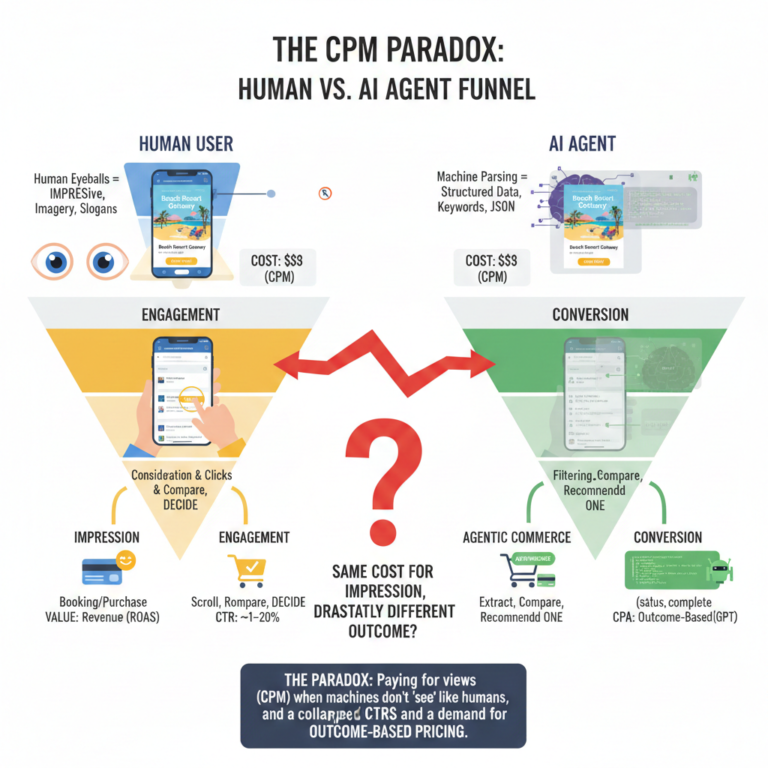 Infographic titled "The CPM Paradox" comparing two marketing funnels. The left side shows the "Human User" funnel driven by imagery and emotional engagement, ending in traditional clicks. The right side shows the "AI Agent" funnel driven by machine parsing of structured data and keywords, ending in "Agentic Commerce" and outcome-based conversions. A large question mark in the center highlights the mismatch: "Same cost for impression, drastically different outcome?"