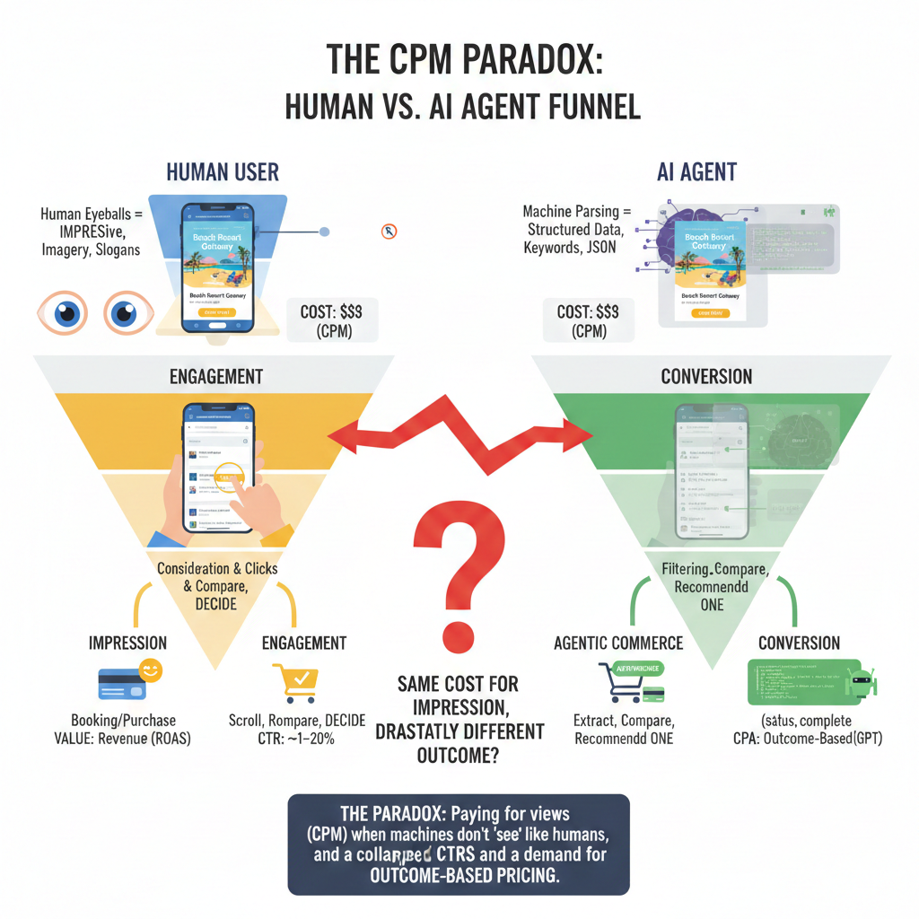 Infographic titled "The CPM Paradox" comparing two marketing funnels. The left side shows the "Human User" funnel driven by imagery and emotional engagement, ending in traditional clicks. The right side shows the "AI Agent" funnel driven by machine parsing of structured data and keywords, ending in "Agentic Commerce" and outcome-based conversions. A large question mark in the center highlights the mismatch: "Same cost for impression, drastically different outcome?"