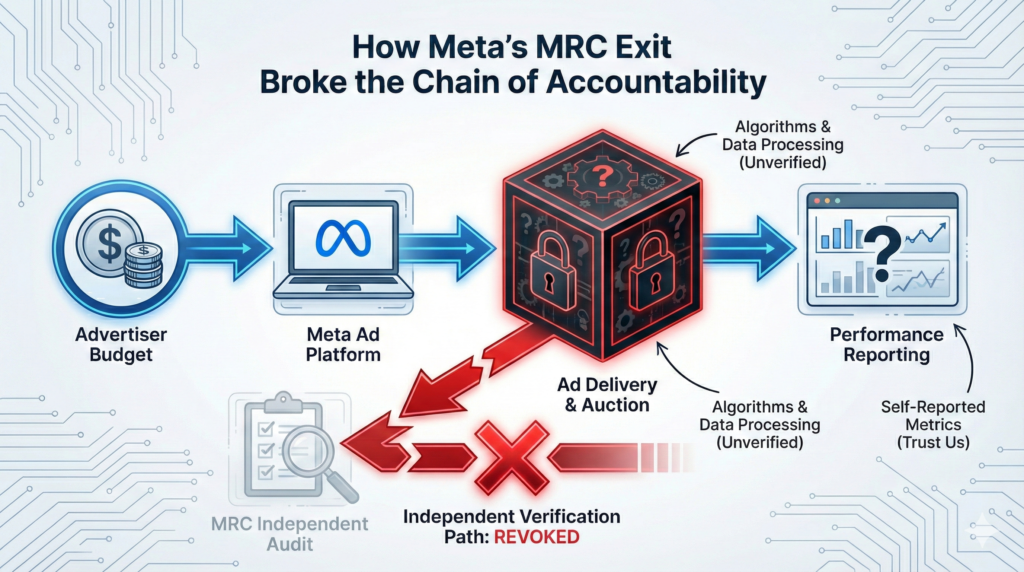 Infographic flowchart illustrating the consequences of the Meta MRC exit. It shows advertiser budget flowing through an unverified, locked "black box" for ad delivery and resulting in self-reported metrics with question marks. A prominent red broken path below shows the connection to "MRC Independent Audit" marked with an X and labeled "Independent Verification Path: REVOKED."
