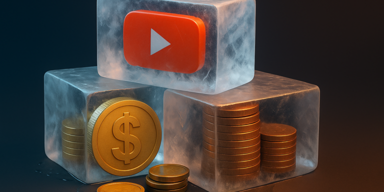 Digital illustration of YouTube icons and coins frozen in ice, representing YouTube terminated channel revenue and withheld creator earnings.