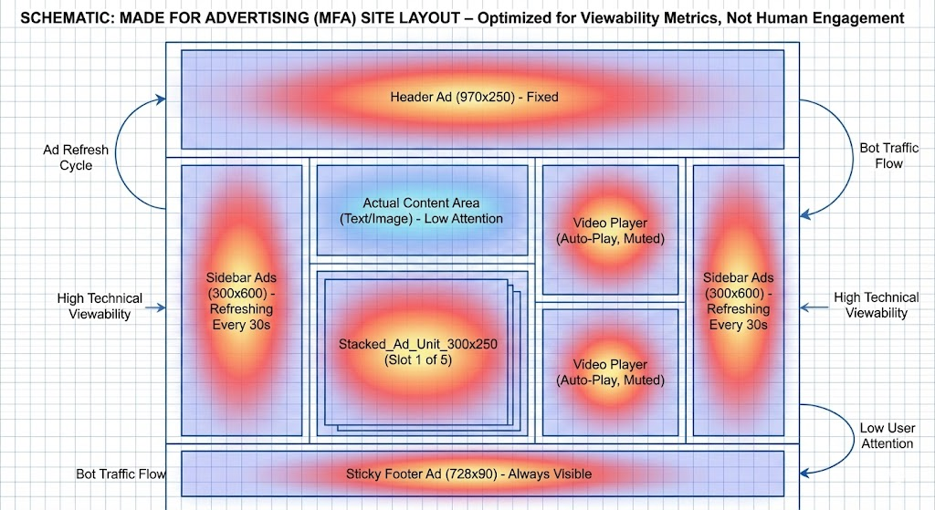 Diagram of MFA Site Layout Schematic wireframe diagram of a Made for Advertising (MFA) website layout, illustrating aggressive ad placements like stacked units and sticky footers designed to trick viewability metrics rather than engage human users.