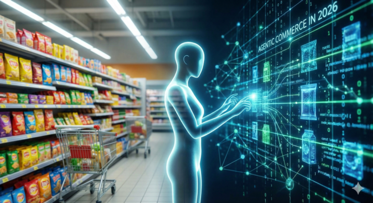 A split-screen visualization of Agentic Commerce in 2026 showing a retail supermarket aisle transforming into a digital data matrix with a glowing AI shopper silhouette.