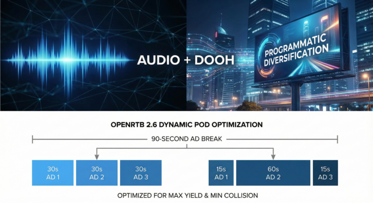 A professional split-screen visualization representing programmatic supply chain diversification, showing a high-fidelity digital audio waveform and a premium urban digital out-of-home (DOOH) billboard.