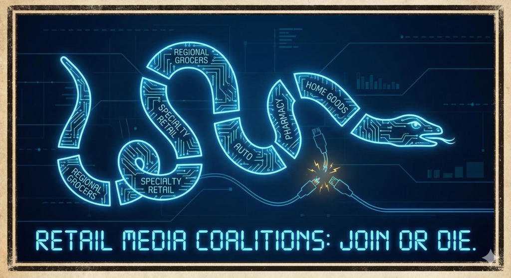 A digital neon reimagining of the Benjamin Franklin "Join or Die" snake. The snake is divided into glowing circuit-board segments labeled "Regional Grocers," "Specialty Retail," "Auto," "Pharmacy," and "Home Goods," representing the necessity of retail media coalitions.