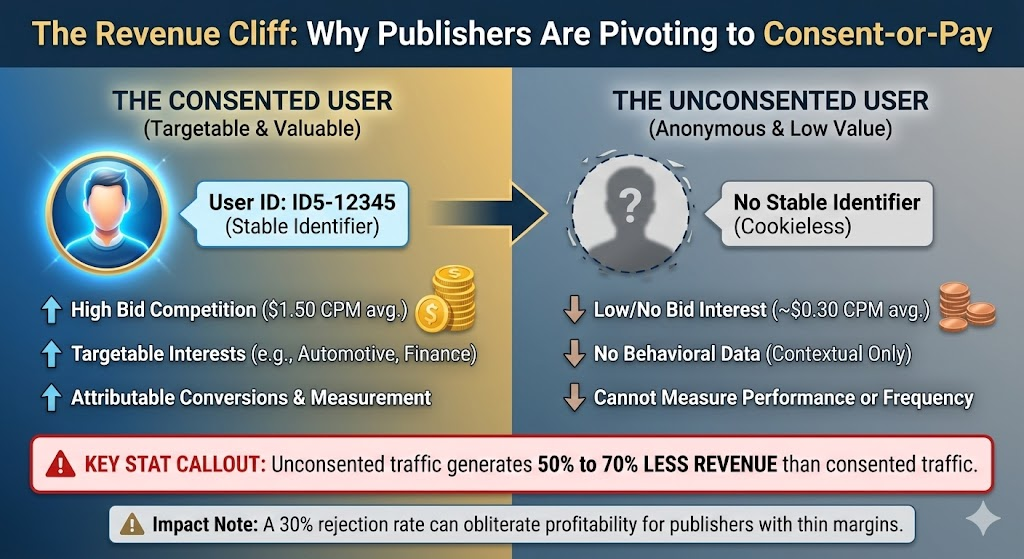 Click to enlarge the Addressability Gap chart. Bar chart illustrating the CPM gap between consented bid requests ($1.50) with User IDs and unconsented requests ($0.30) lacking identifiers.