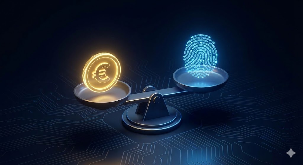 A 3D digital scale balancing a glowing gold Euro coin and a blue digital fingerprint on a circuit board background, illustrating the Consent-or-Pay model choice between money and data.