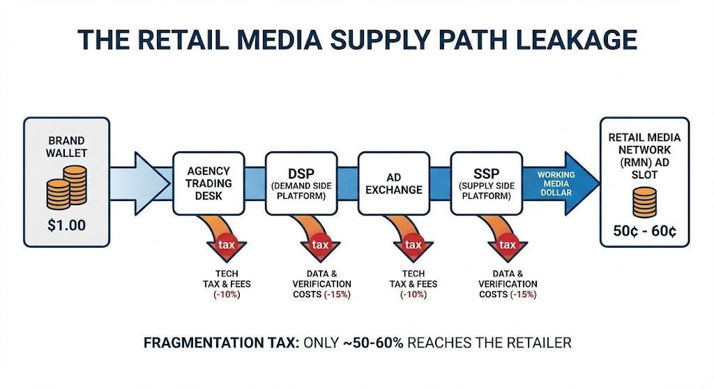 A technical flowchart illustrating supply path leakage where a media dollar travels from a brand through agencies, DSPs, and SSPs. The diagram shows the dollar losing value to tech taxes and data fees until only 50% to 60% reaches the retailer. This financial friction is a primary catalyst for retail media consolidation 2026.