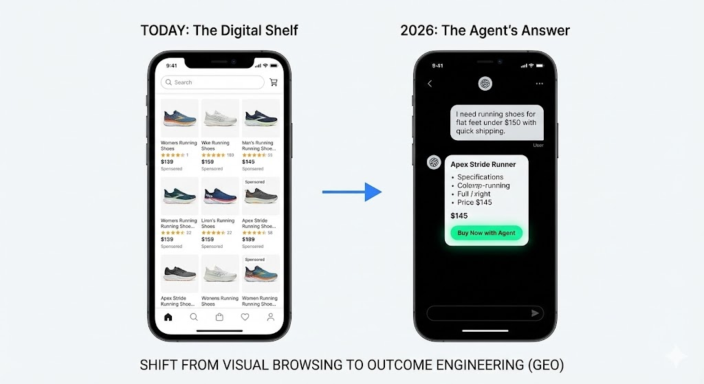 A side-by-side comparison of a cluttered product grid (Human Discovery) versus a clean AI chat interface (Agentic Discovery) in agentic commerce in 2026.
