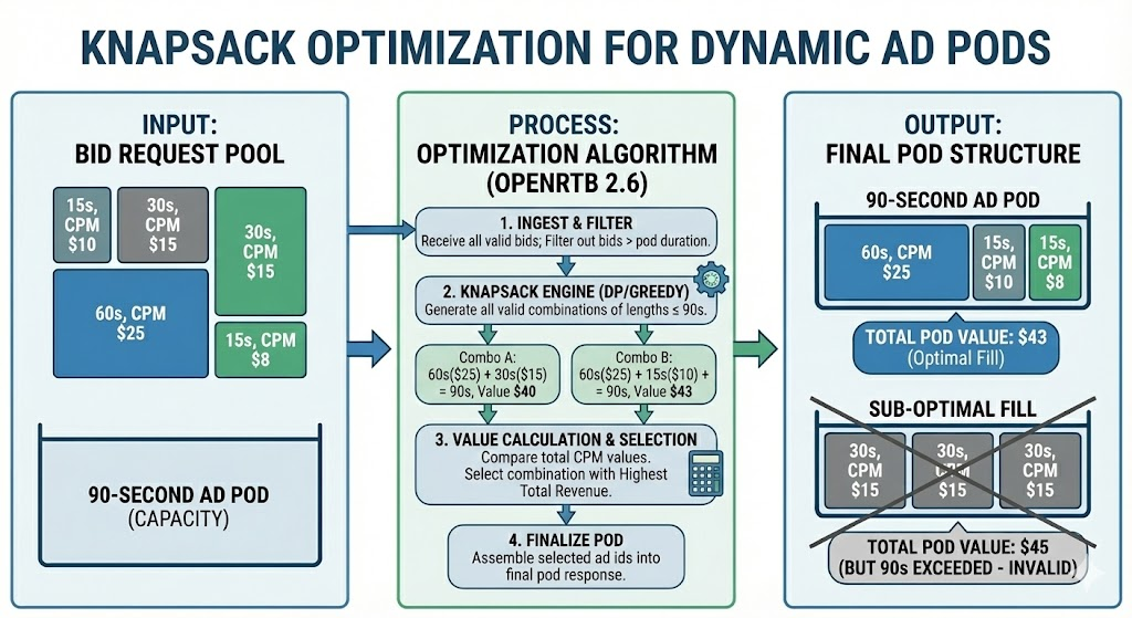 A technical diagram of OpenRTB 2.6 Dynamic Podding logic, illustrating how a 90-second ad break is optimized with various combinations of 15-second, 30-second, and 60-second ad spots.